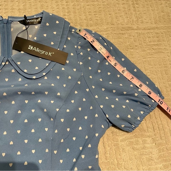 NWT Allegra K Heart Print Short Sleeve A-Line Peter Pan Collar Mini Dress Blue - Picture 7 of 13